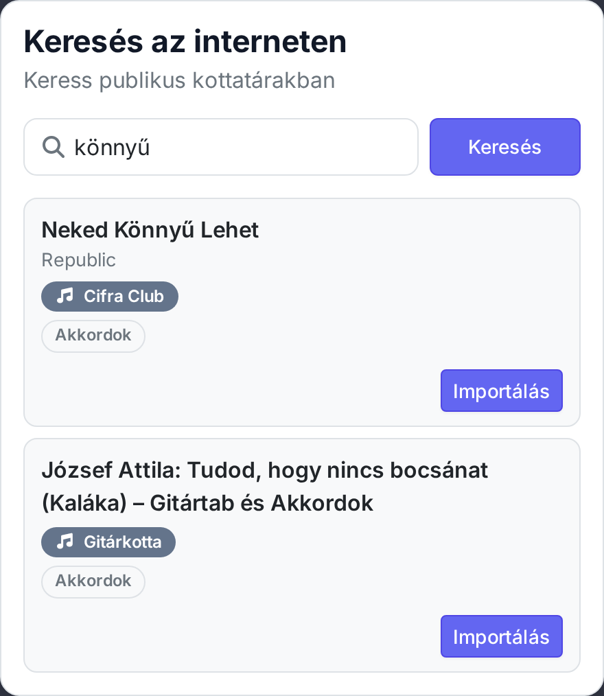 Chords365 internet search for a general word (“könnyű”): merged results from several public sources with an Import button per row