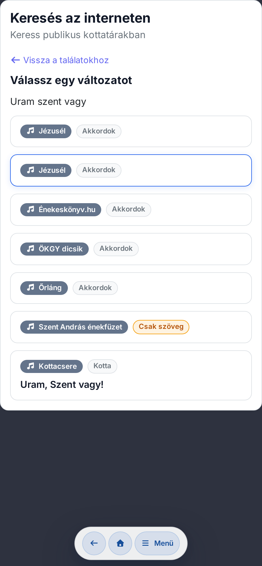 Chords365 “Choose a version” screen with per-source cards