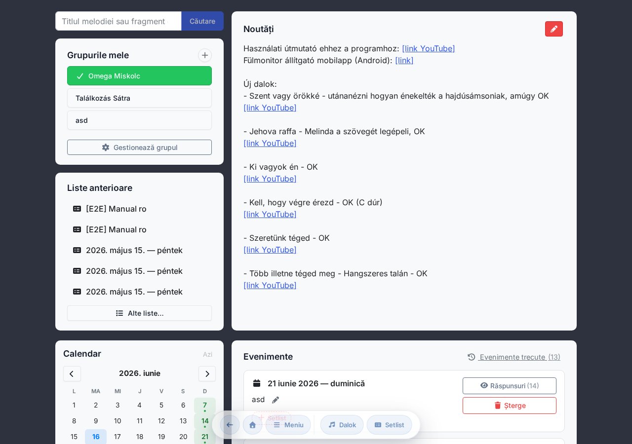 Partea superioară a paginii principale: căutare rapidă melodii, grupurile mele, liste anterioare, ce e nou