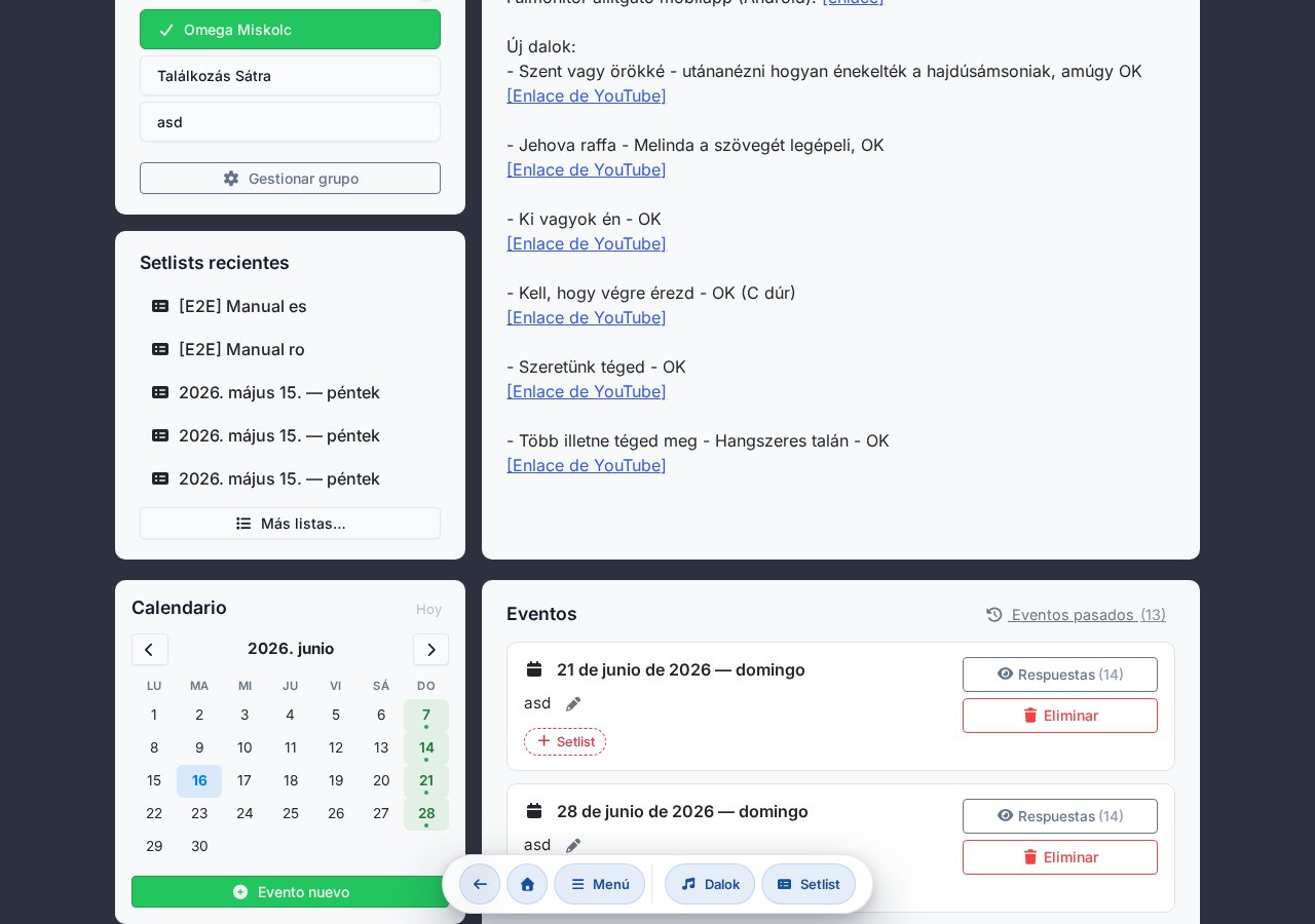 Parte inferior de la página principal: listas anteriores, calendario, eventos