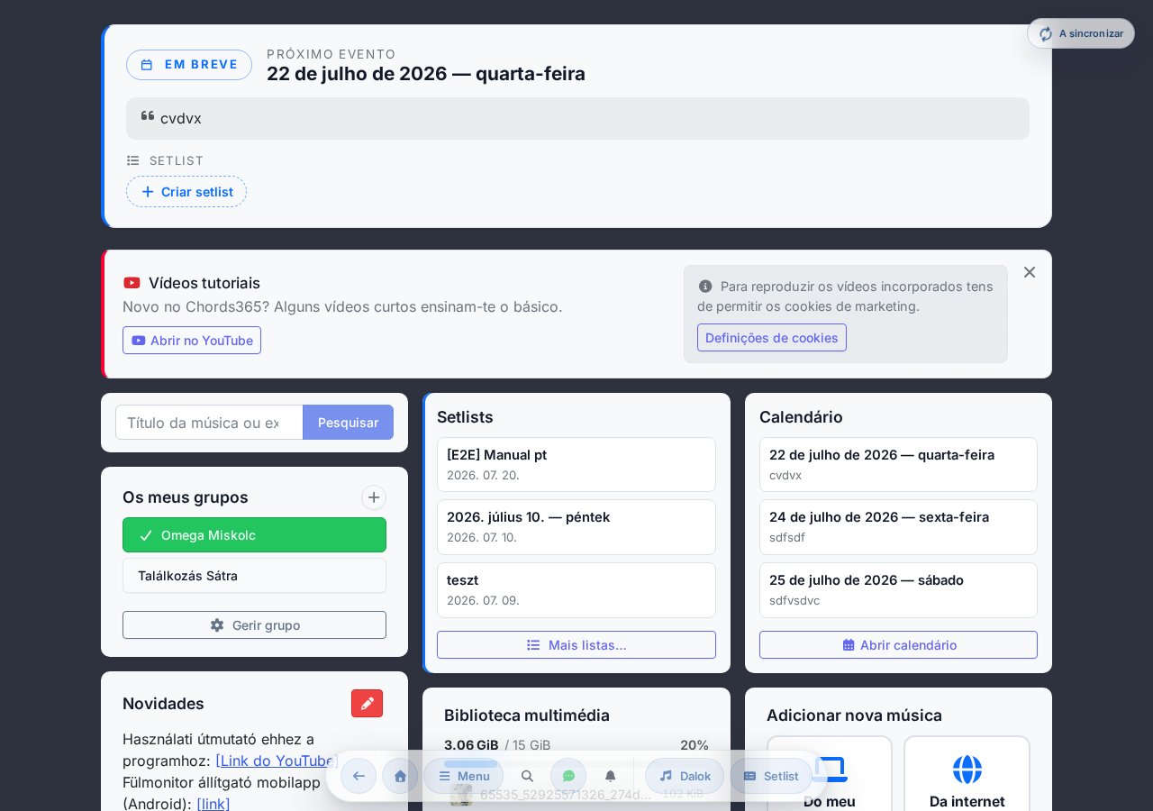 A parte inferior da página inicial: listas anteriores, calendário, eventos