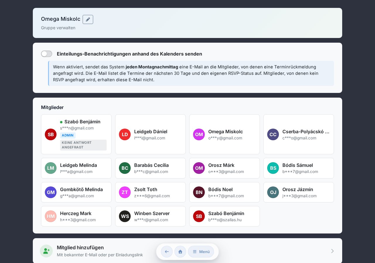 Gruppe verwalten Seite — Belegungsbenachrichtigung, Mitgliederliste, Mitglied hinzufügen