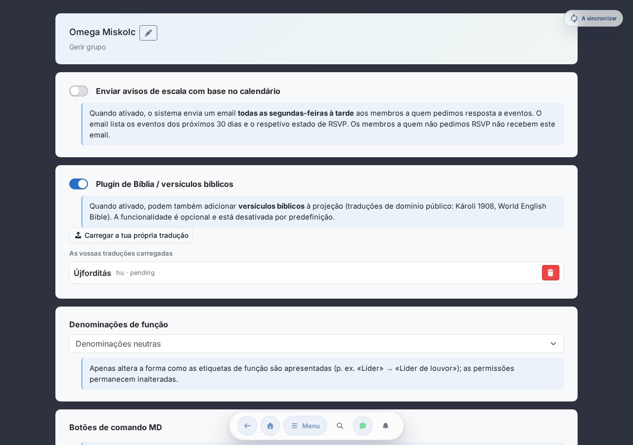 Página de gestão de grupo — notificação de escala, lista de membros, adicionar membro