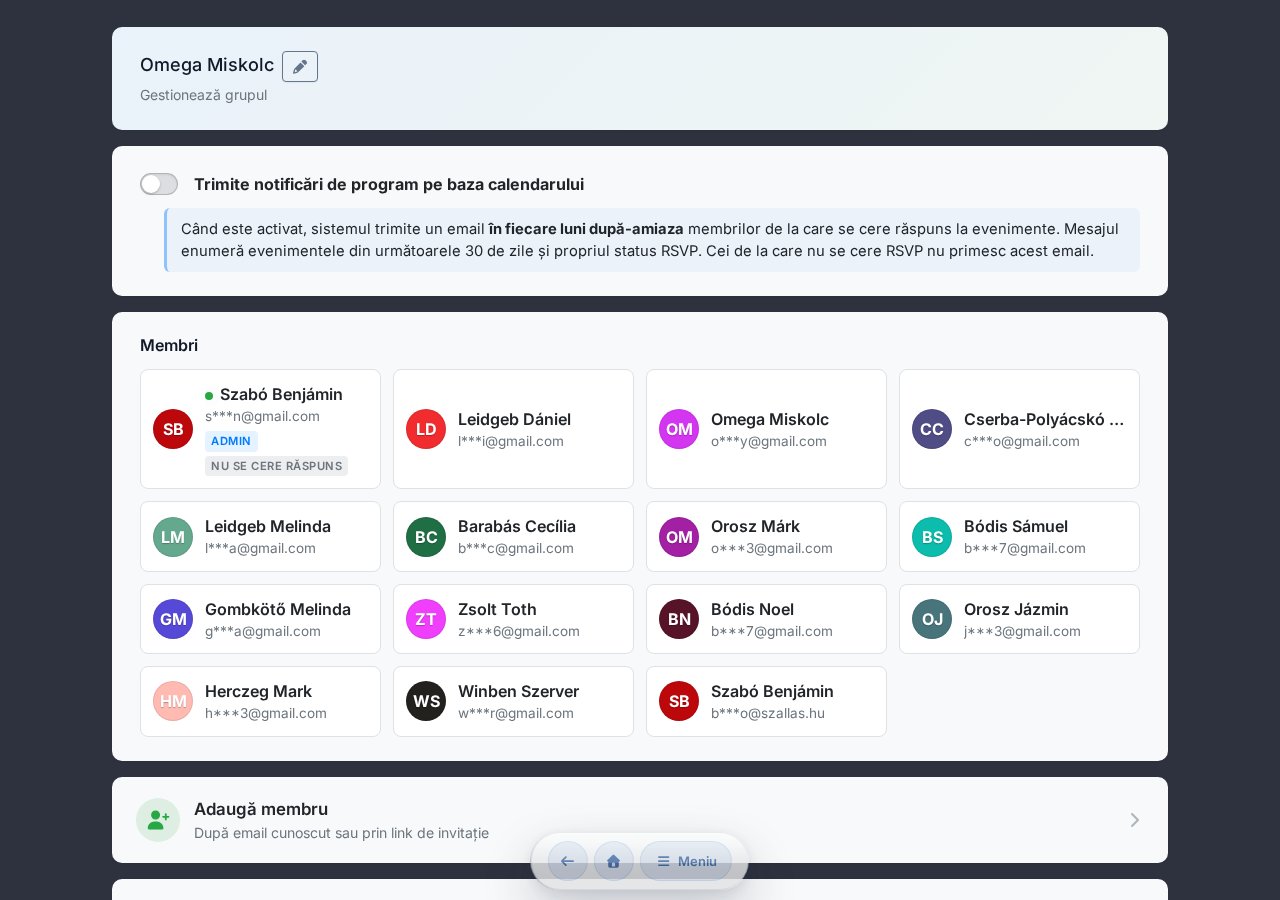 Pagina gestionare grup — comutator notificare programare, lista membrilor, adăugare membru