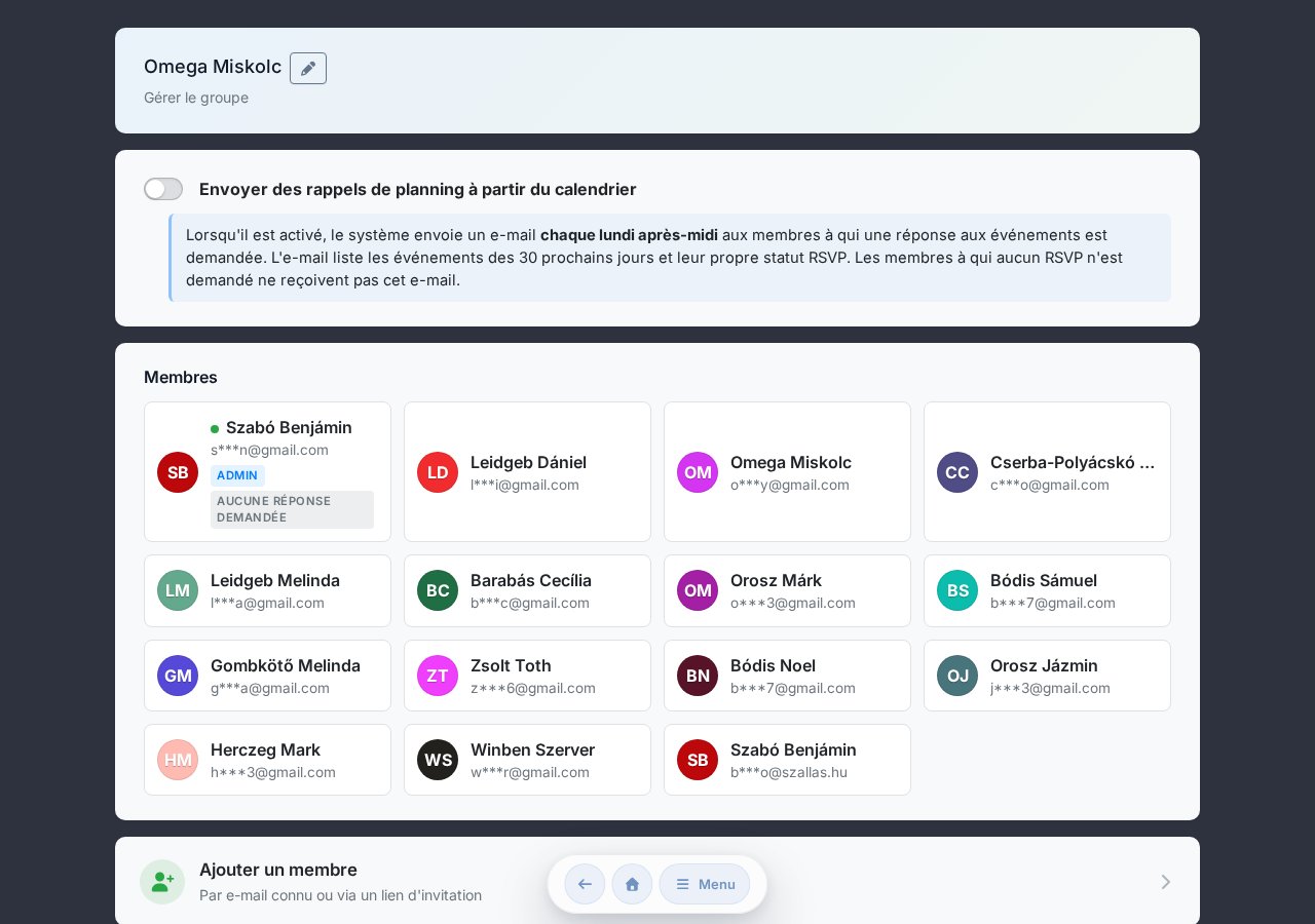 Page de gestion du groupe — notification de planning, liste des membres, ajout de membre