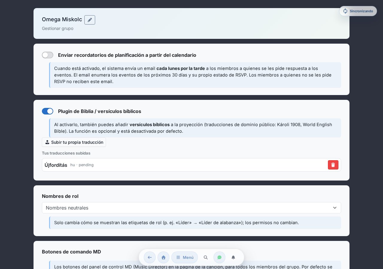 Página de gestión del grupo — notificación de asignación, lista de miembros, añadir miembro