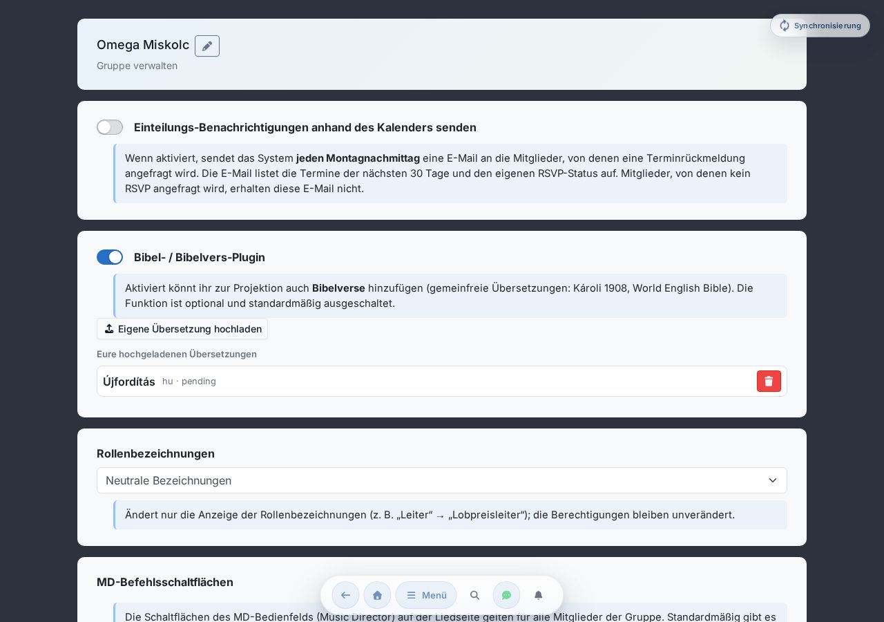 Gruppe verwalten Seite — Belegungsbenachrichtigung, Mitgliederliste, Mitglied hinzufügen