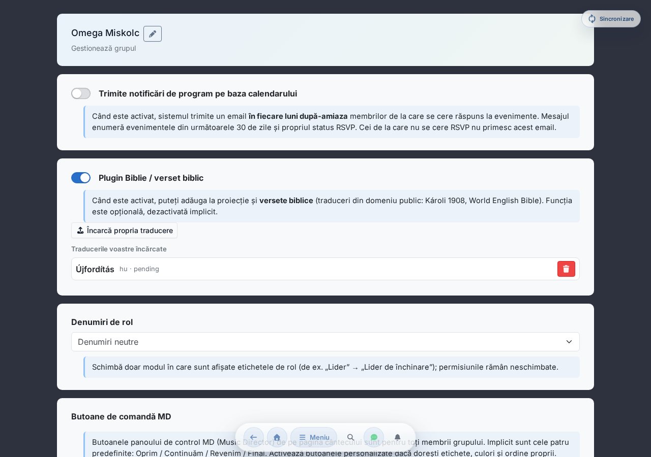 Pagina gestionare grup — comutator notificare programare, lista membrilor, adăugare membru