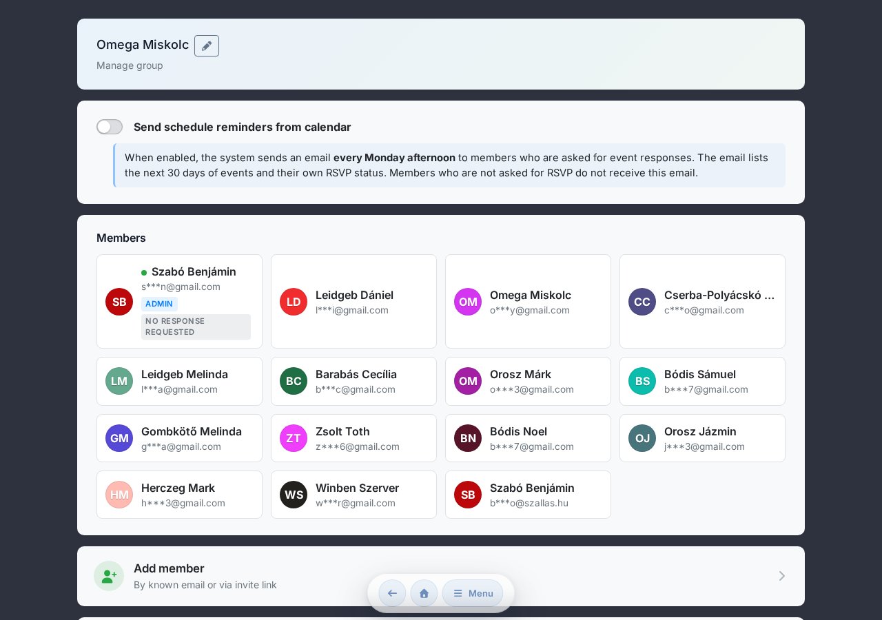 Group management page — schedule notification, member list, add member