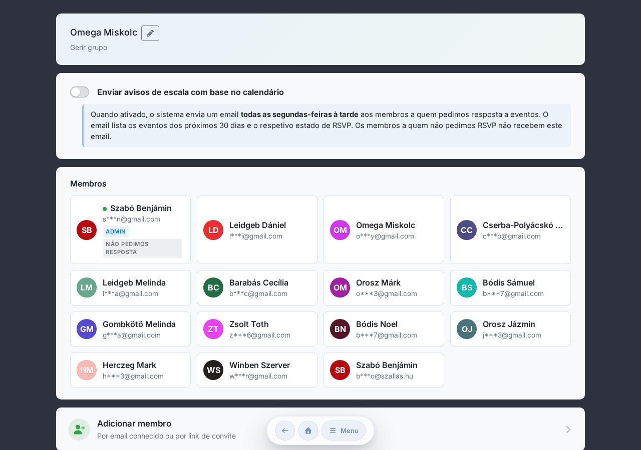 Página de gestão de grupo — notificação de escala, lista de membros, adicionar membro