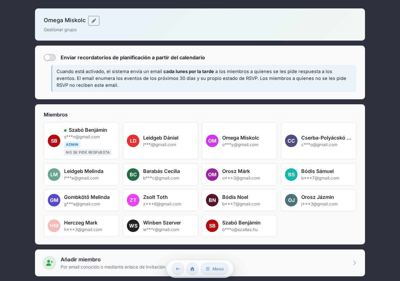Página de gestión del grupo — notificación de asignación, lista de miembros, añadir miembro