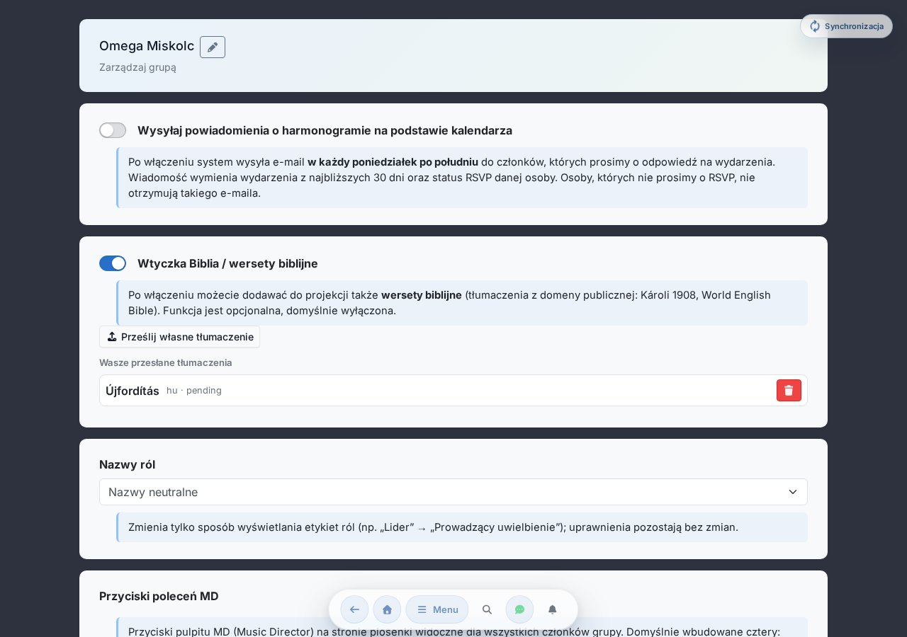 Strona zarządzania grupą — przełącznik powiadomień o planie, lista członków, dodawanie członka