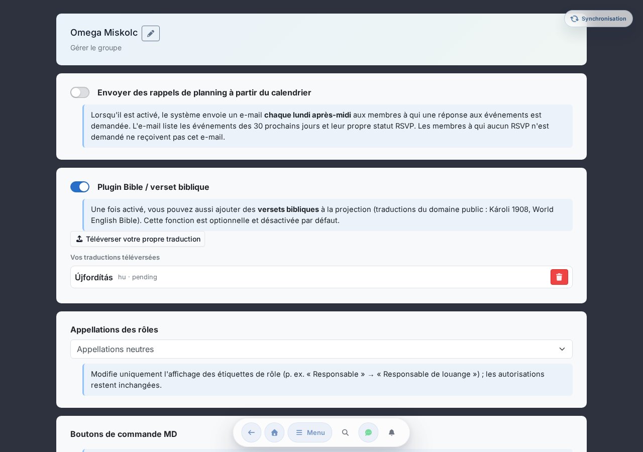 Page de gestion du groupe — notification de planning, liste des membres, ajout de membre