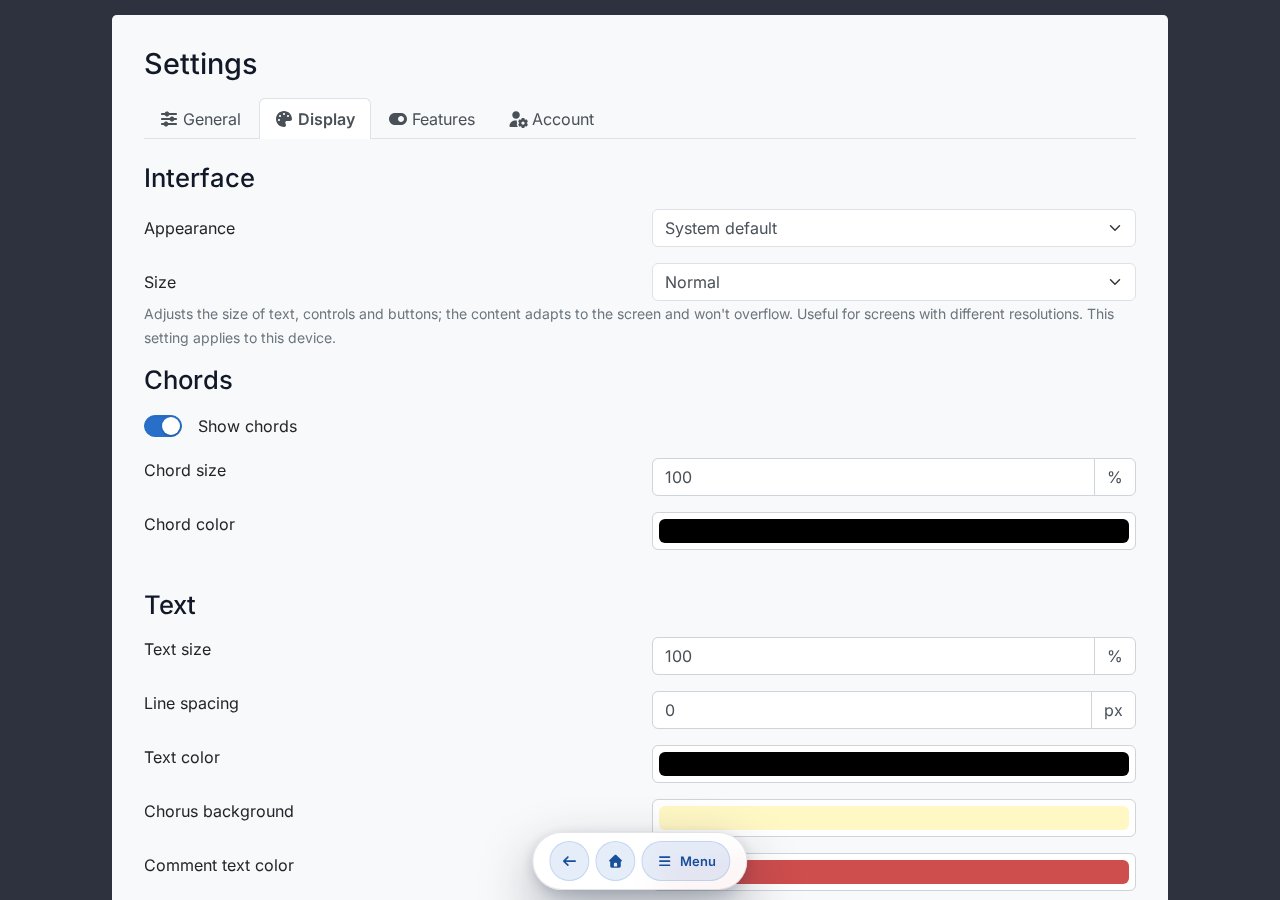 Chord and text settings
