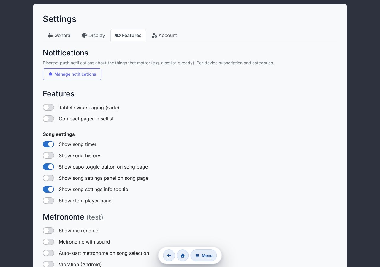 Features section — slide, metronome, pedal