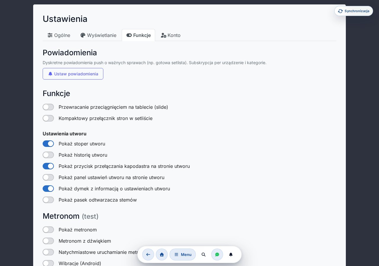 Sekcja Funkcje — slide, metronom, pedał