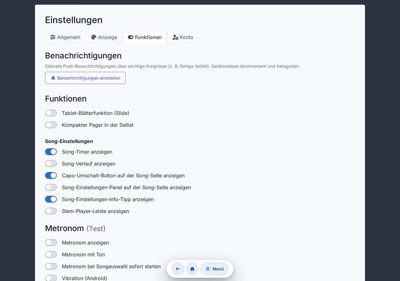 Funktionen-Sektion — Slide-Blättern, Metronom, Pedal