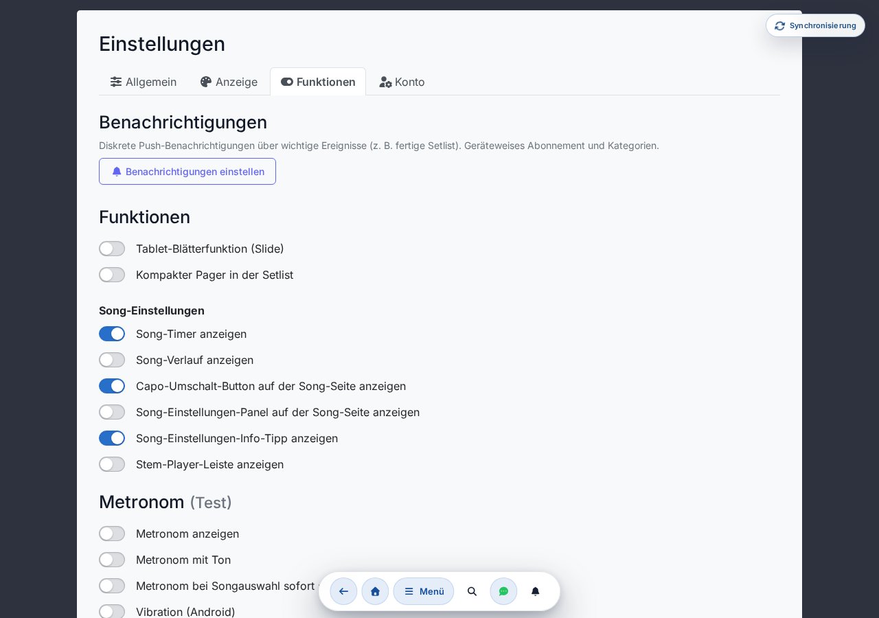 Funktionen-Sektion — Slide-Blättern, Metronom, Pedal