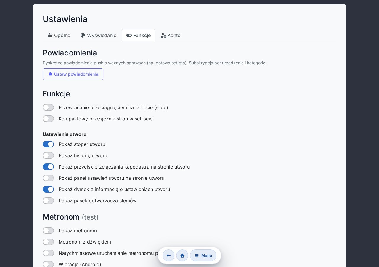 Sekcja Funkcje — slide, metronom, pedał