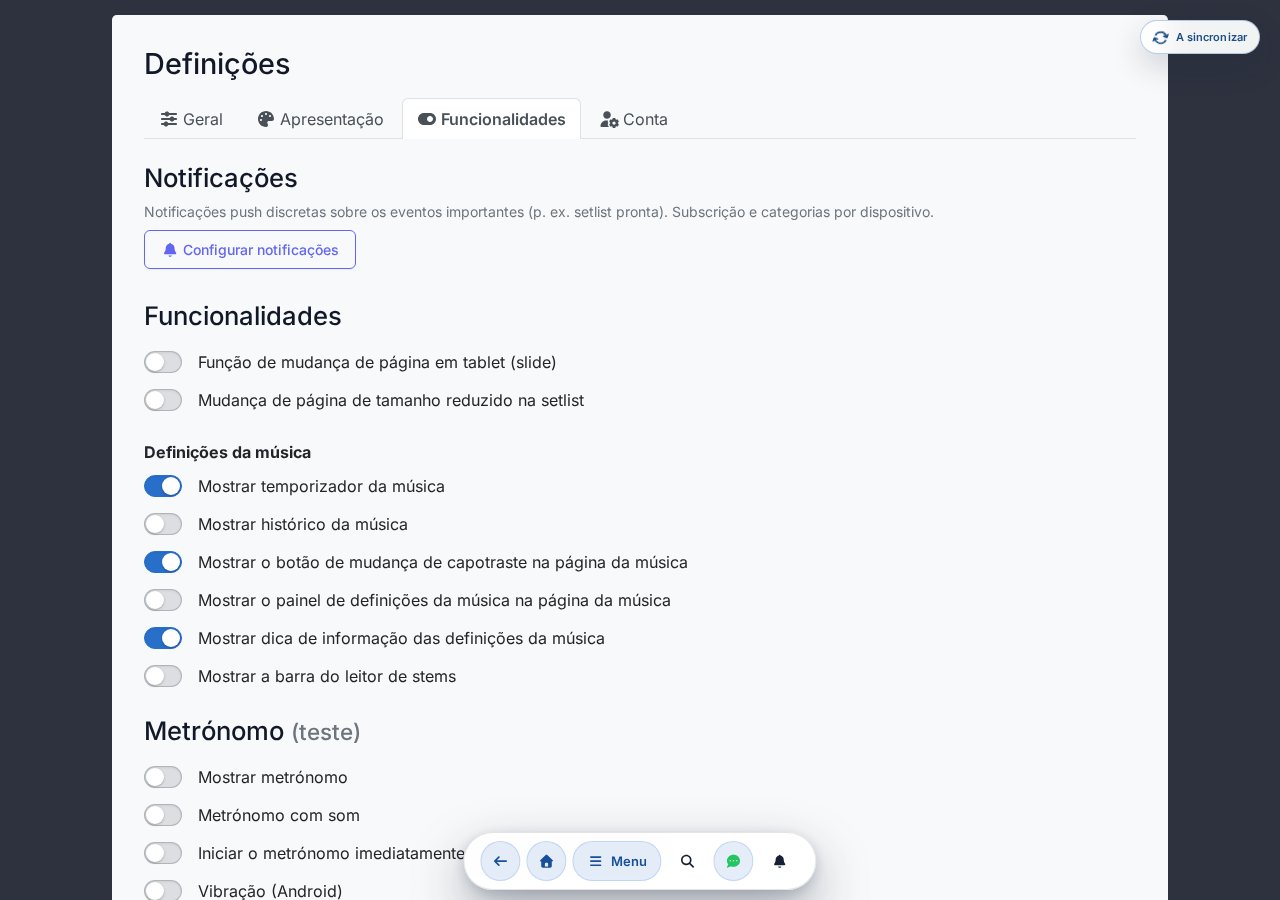 Secção de funcionalidades — slide, metrónomo, pedal