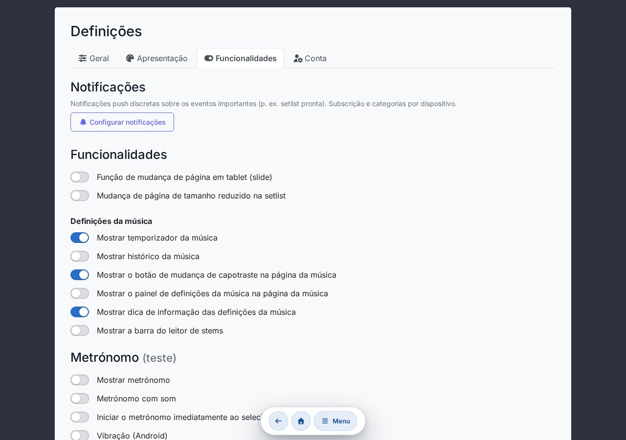 Secção de funcionalidades — slide, metrónomo, pedal