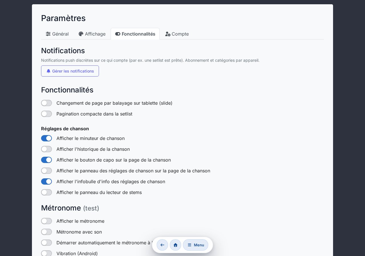 Section Fonctions — défilement slide, métronome, pédale