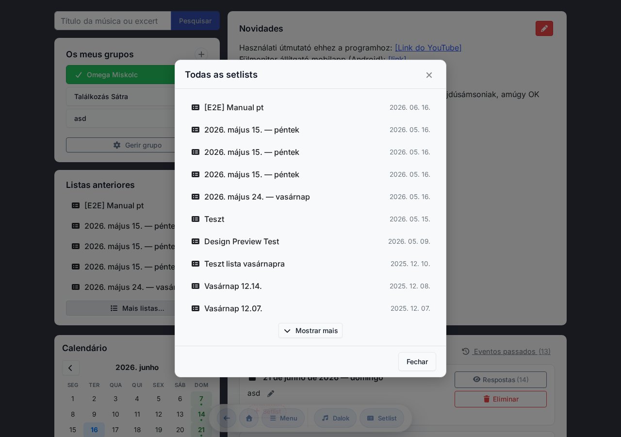 Modal de todas as setlists — a lista completa com scroll