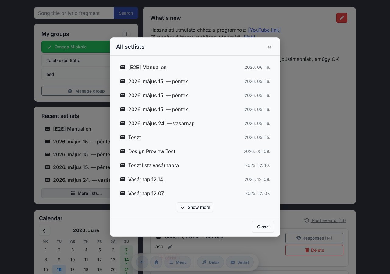 All setlists modal — the full, scrollable list