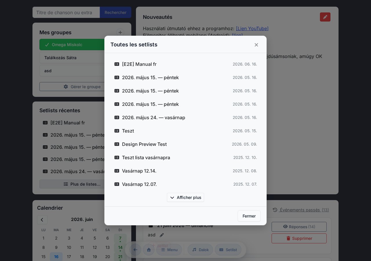 Modal toutes les setlists — la liste complète déroulable