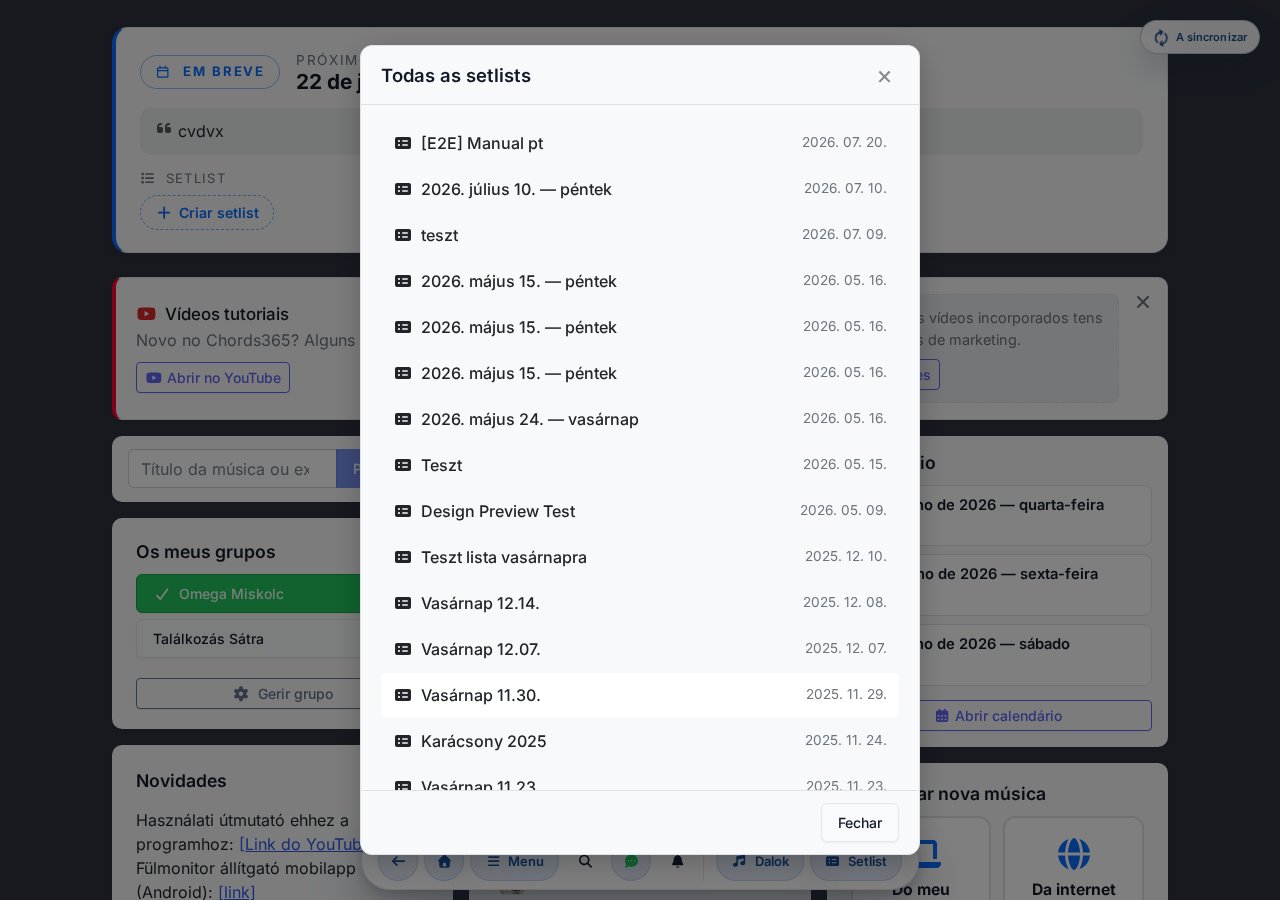 Modal de todas as setlists — a lista completa com scroll