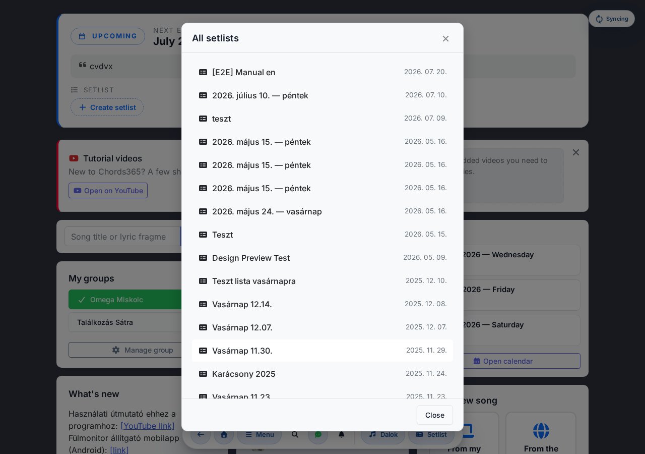 All setlists modal — the full, scrollable list
