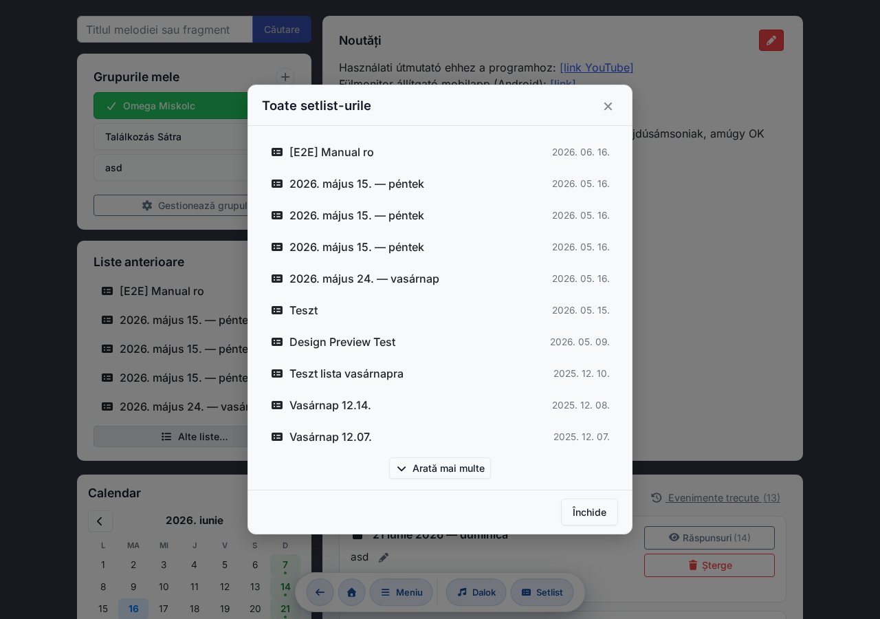 Modal toate setlisturile — lista completă, derulabilă