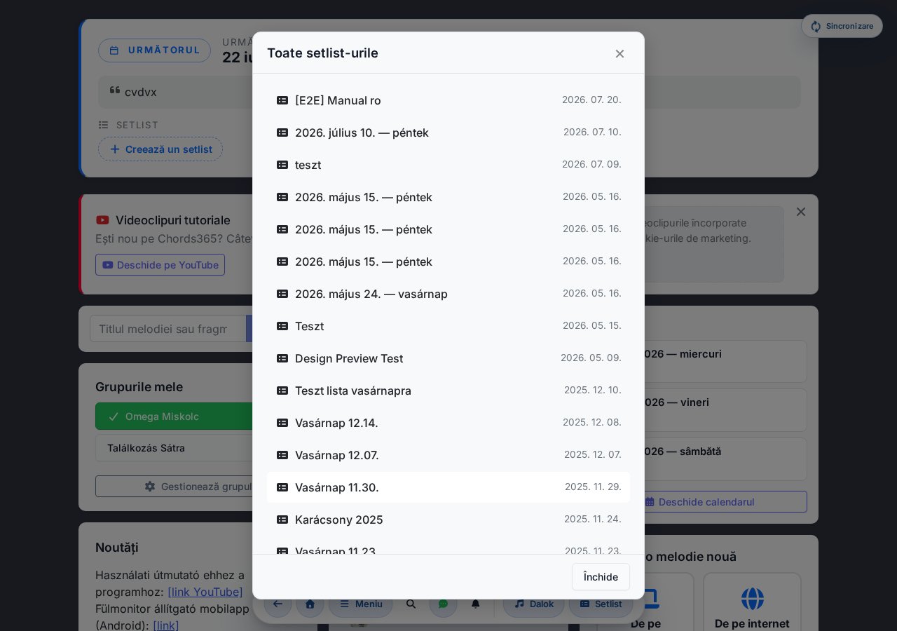 Modal toate setlisturile — lista completă, derulabilă