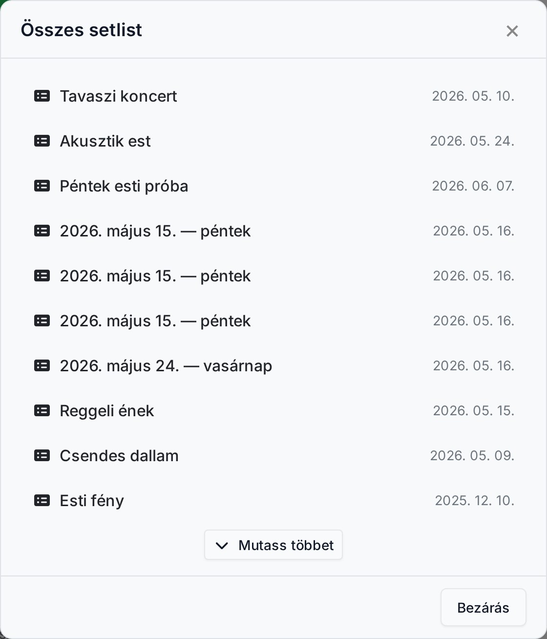 Összes setlist modal — a teljes, görgethető lista