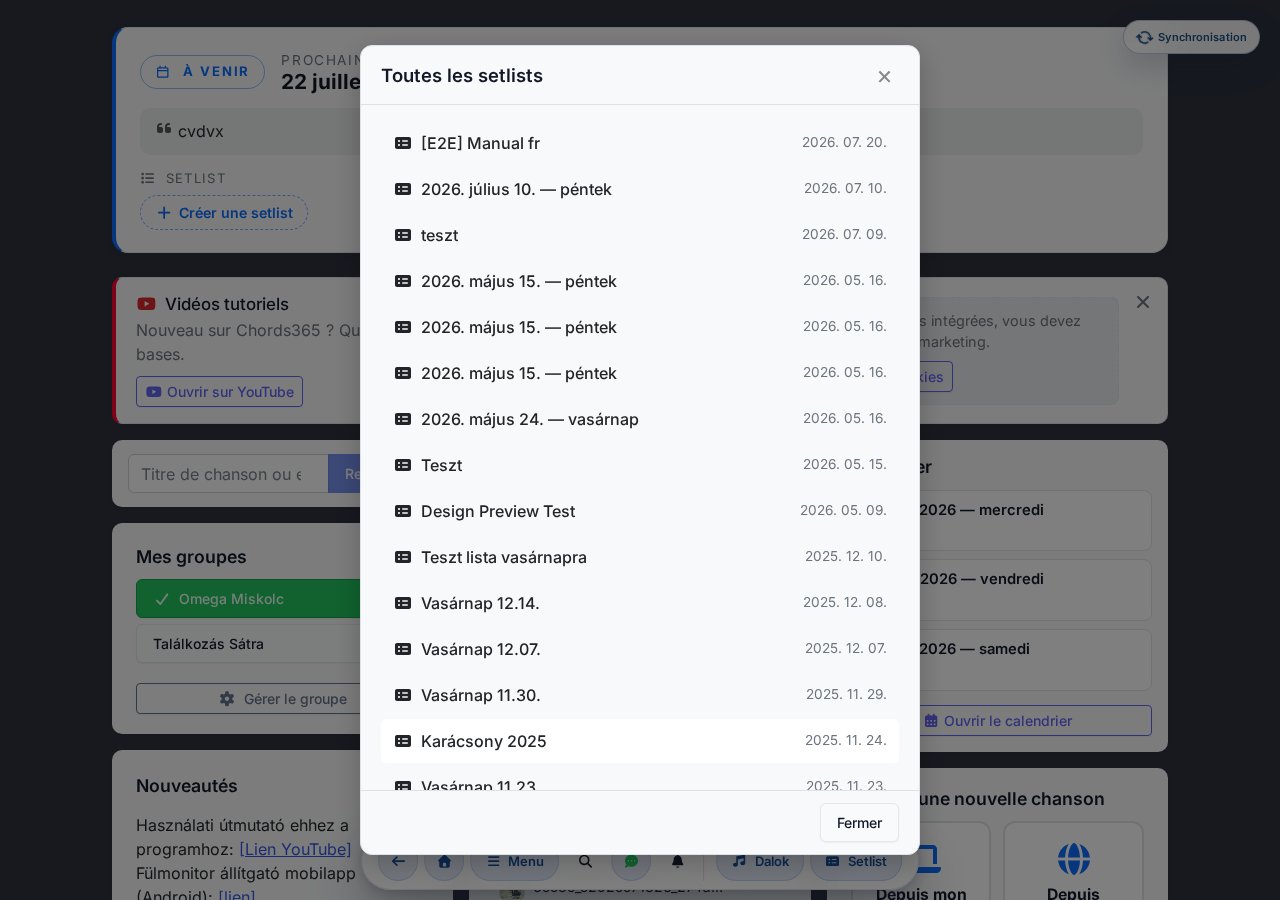 Modal toutes les setlists — la liste complète déroulable