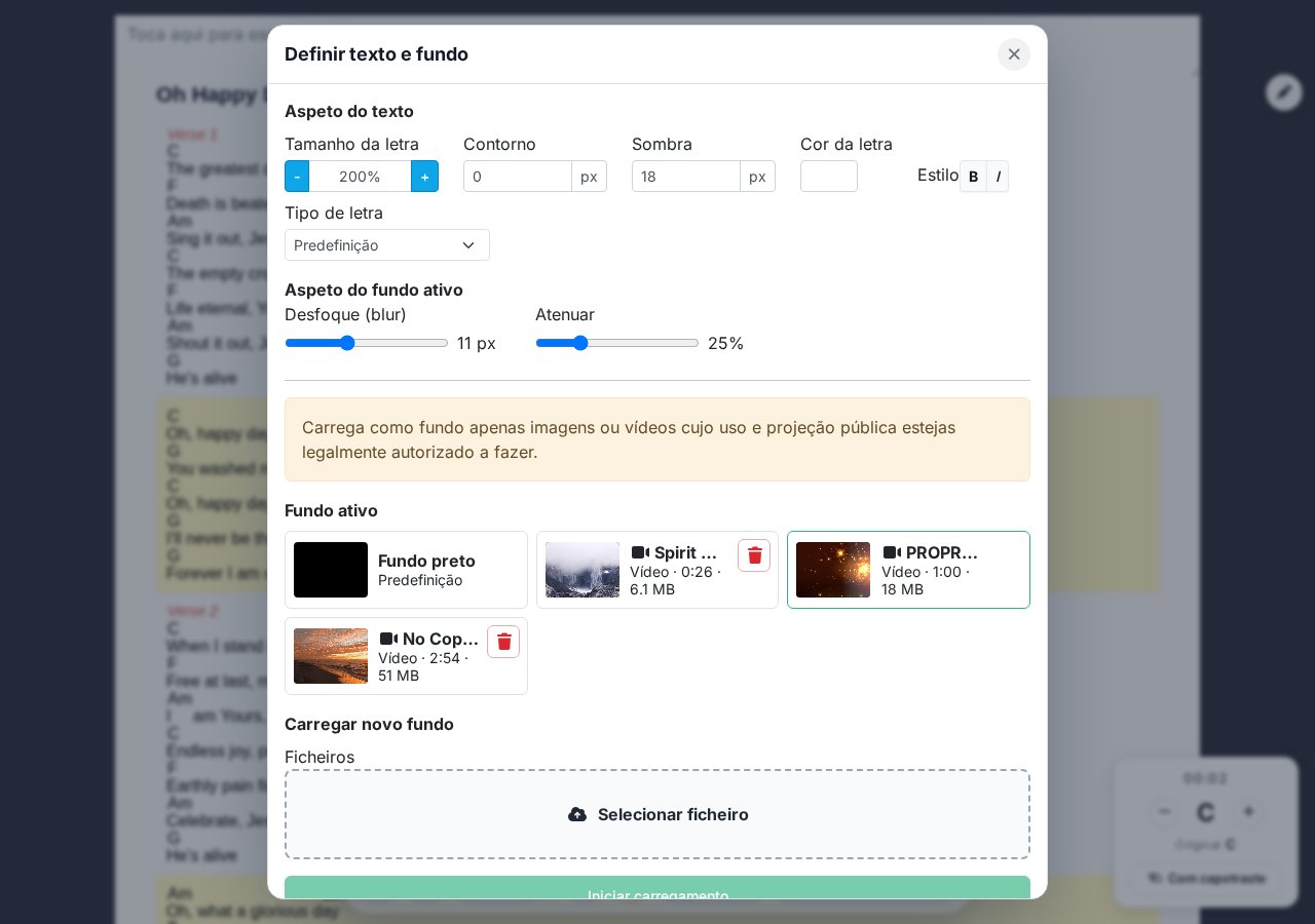 Modal de configuração de texto e fundo