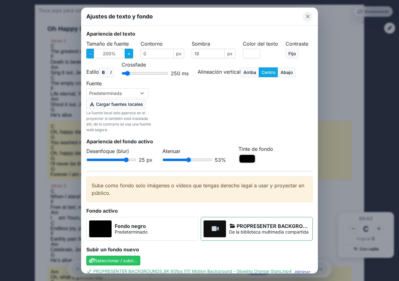 Modal de configuración de texto y fondo