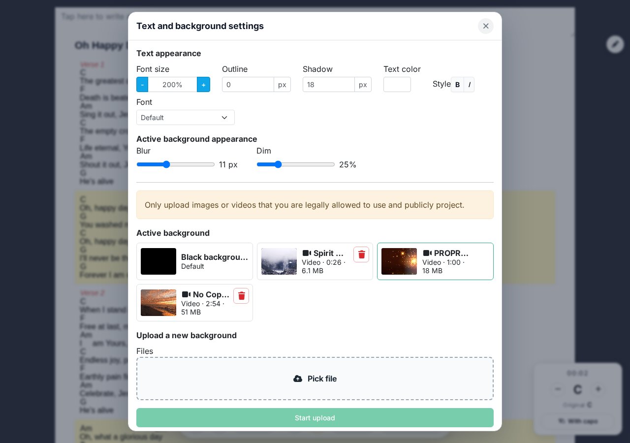 Text and background settings modal