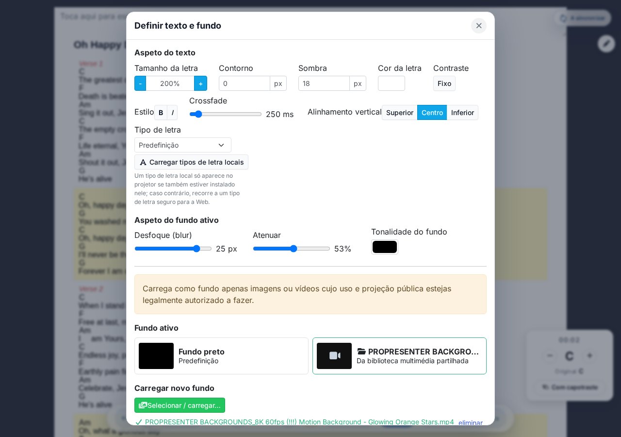 Modal de configuração de texto e fundo