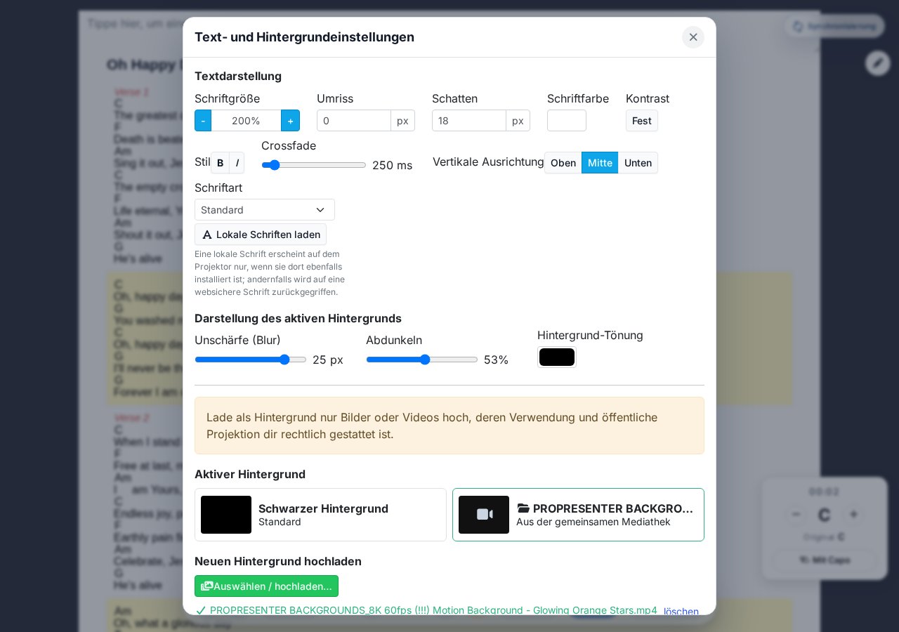 Text und Hintergrund einstellen Modal