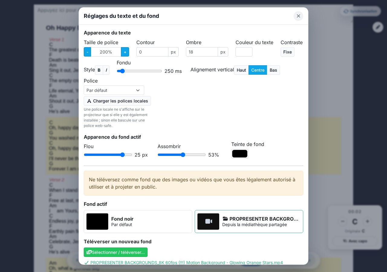 Modal Réglages du texte et du fond