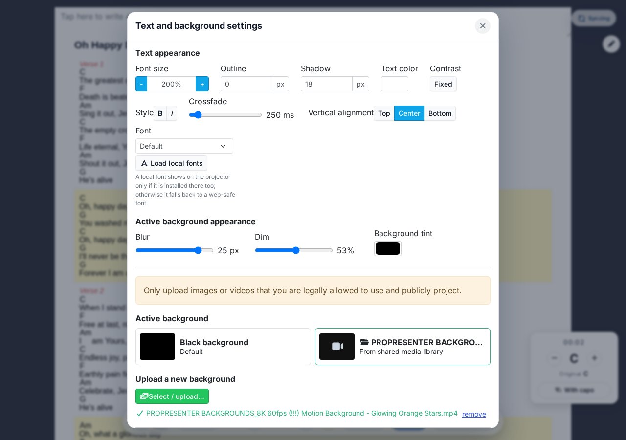 Text and background settings modal