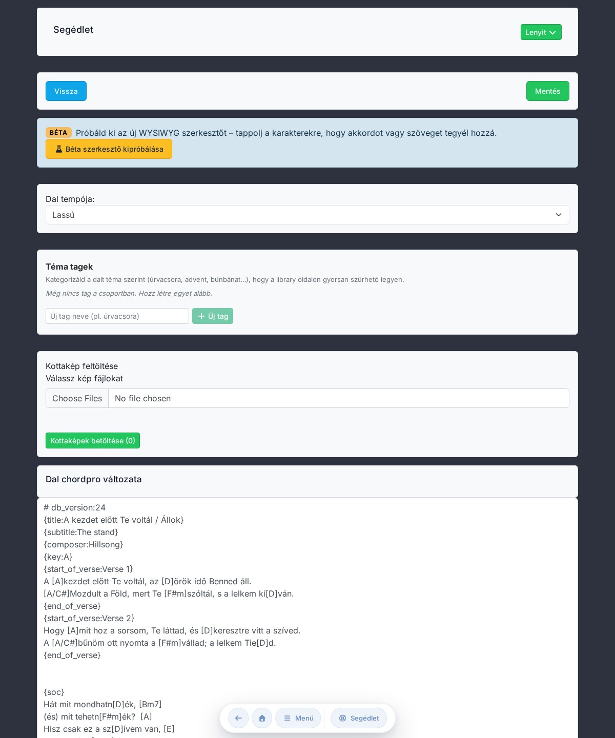 ChordPro szerkesztő mezői