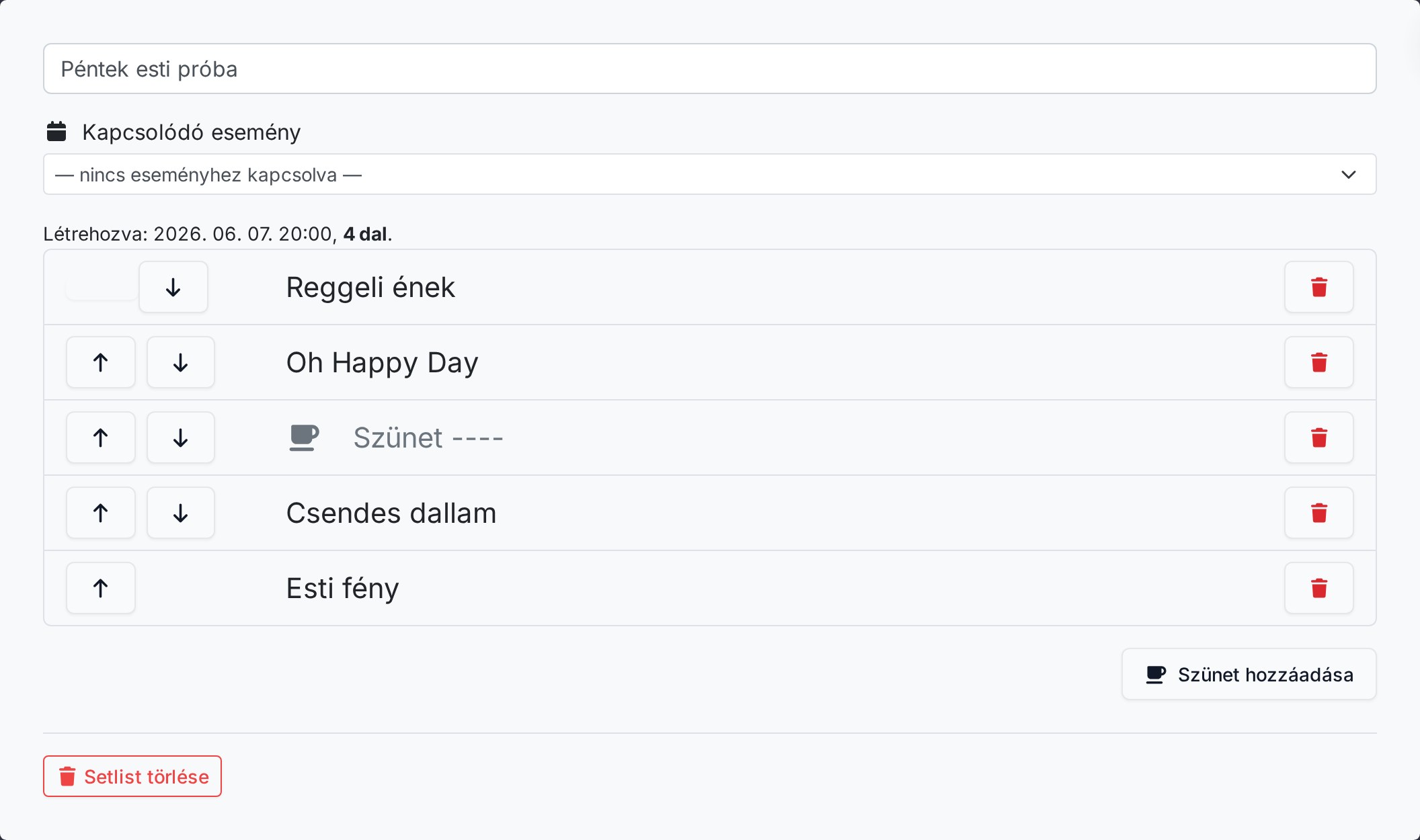 Setlist szerkesztési mód: nyilakkal sorrendezhető