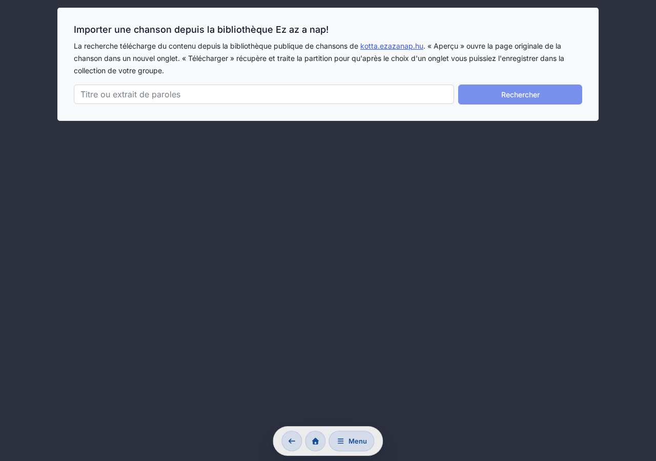 Page d'import en état de recherche avec liste de résultats