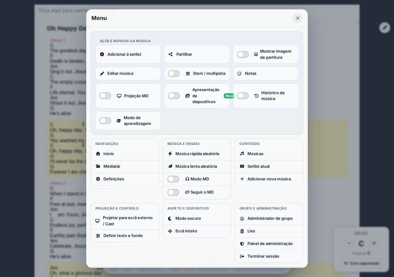 Modal do novo menu — navegação, canção e ensaio, conteúdo, projeção, aparência, admin, contacto