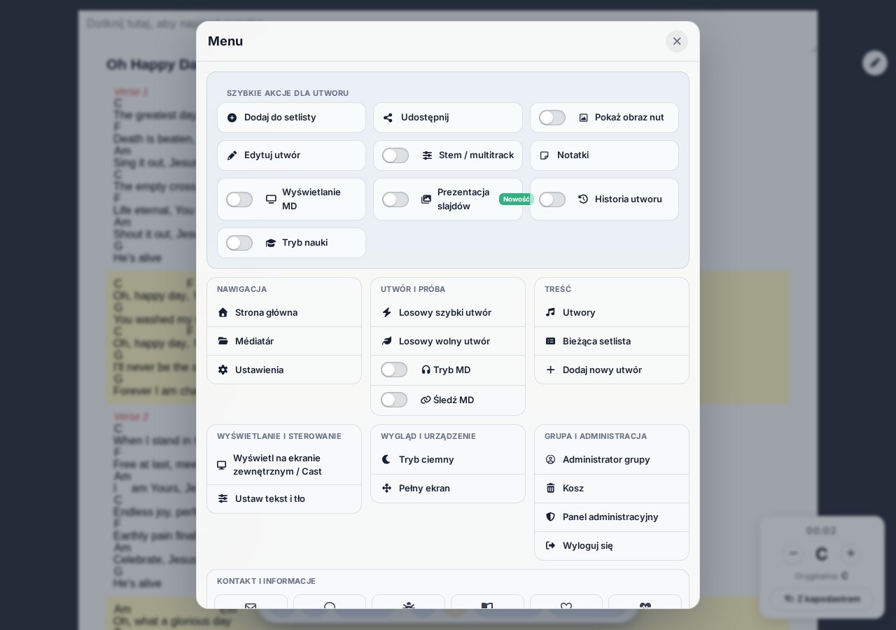 Nowe menu — nawigacja, piosenka i próba, treści, projekcja, wygląd, admin, kontakt