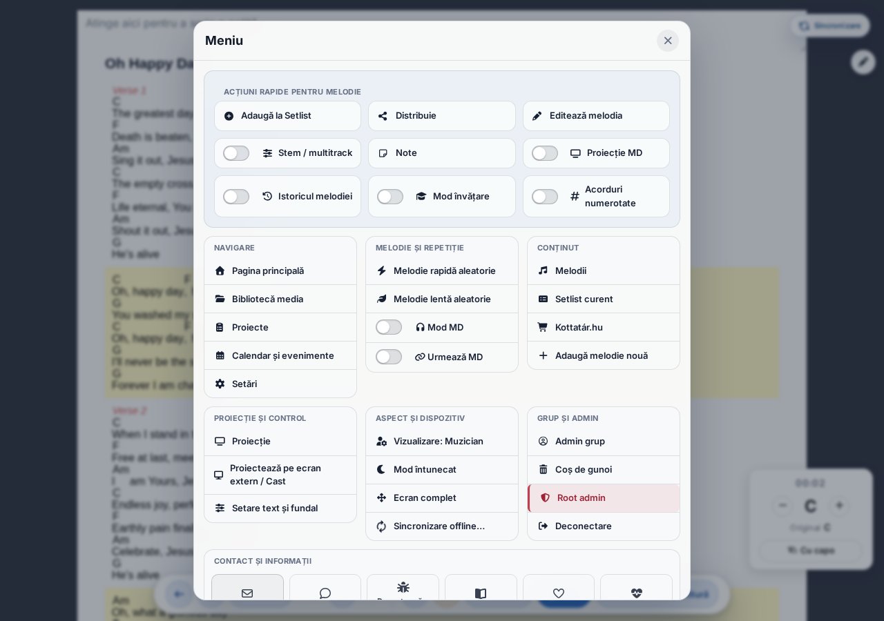 Modalul meniului nou — navigare, piesă și repetiție, conținut, proiecție, aspect, admin, contact