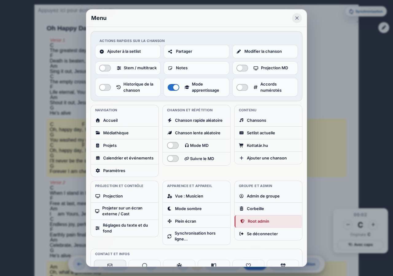 Nouvelle modal Menu — navigation, morceau et répétition, contenu, projection, apparence, admin, contact