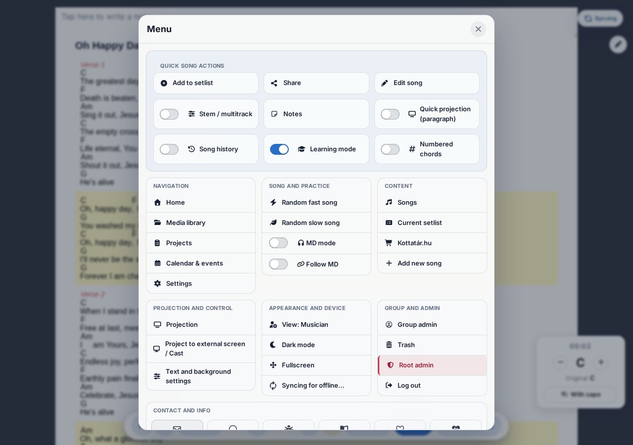 New menu modal — navigation, song and rehearsal, content, projection, appearance, admin, contact